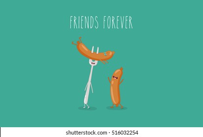 Funny sausage on a fork. Vector illustration. Friend forever. You can use in the menu, in the shop, in the bar, the card or stickers. Easy to edit.