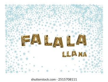 Funny saying fa la la llama text lettering with golden sequins texture. Modern lettering, isolated on the scattered golden bows and confetti background Santa Claus, Christmas, design concept. Slogan o