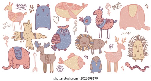 funny scandinavian animal set. Hand drawn. Doodle cartoon animals for nursery posters, cards, t-shirts. Vector illustration. Lama, whale, deer, elk, lion, owl, elephant, bird, eagle, fish