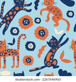 Funny Scandinavian cats seamless pattern. Cute spotted kittens and flowers on blue background. Repeat vector illustration for pets, kids, textile, surface design