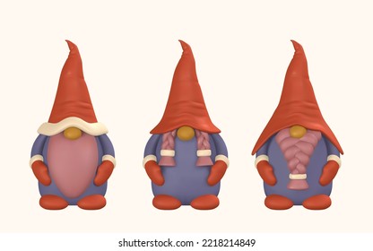 Funny scandinavian christmas gnome. 3d Xmas or New Year's elf in cartoon style. Vector illustration.