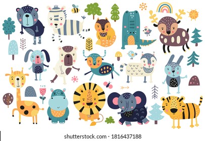 Funny scandinavian colorful prints animals. Doodle cartoon forest and jungle animals for nursery posters, cards, t-shirts. Vector illustration. Bear, zebra, lion, tiger, croc, hippo, giraffe, lynx.