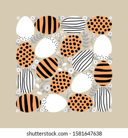 Funny Scandinavian primitive style Easter eggs background with hand drawn textures