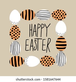 Funny Scandinavian primitive style Easter eggs background with hand drawn textures