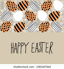 Funny Scandinavian primitive style Easter eggs background with hand drawn textures