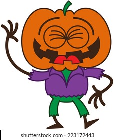 Funny scarecrow with a big orange pumpkin as head, bulging eyes, wearing a purple shirt and green pants, while clenching its eyes and laughing in a very enthusiastic way