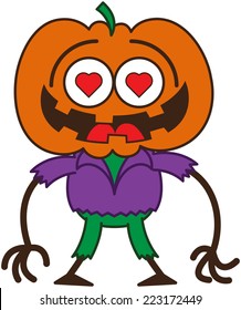 Funny Scarecrow With A Big Orange Pumpkin As Head, Red Heart Eyes, Wearing A Purple Shirt And Green Pants, While Feeling Madly In Love