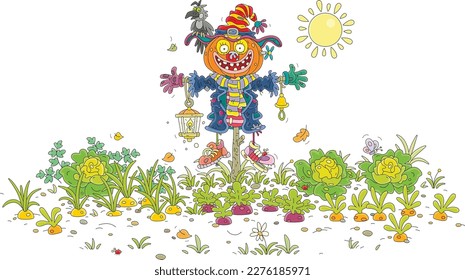 Funny scarecrow and a crow perched on it among green vegetables in a summer kitchen garden on a warm sunny day, vector cartoon illustration isolated on a white background