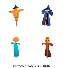 Funny scarecrow icons set cartoon vector. Garden scarecrow. Cartoon character