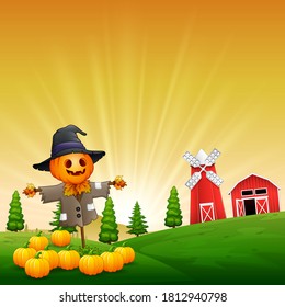 The funny scarecrow protects ripe pumpkins in a garden