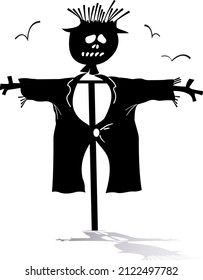 Funny scarecrow silhouette illustration. 
Cartoon scarecrow and birds black on white background 
