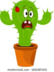 Funny and scared cactus in a pot. Vector cartoon illustration on a white isolated background.