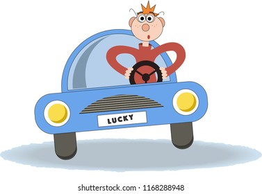 Funny scared driver in blue car. Vector illustration.