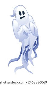 Funny scared ghost character. Halloween spooky mysterious ghost. Vector cartoon illustration isolated on white background
