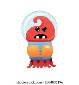 Funny scared red alien in spacesuit cartoon vector illustration