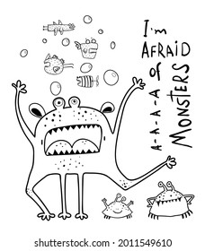 Funny scared screaming monster with teeth, fish and crabs monsters for kids book. Imaginary creature for children coloring book. Black and white outline fantasy cartoon for coloring pages.