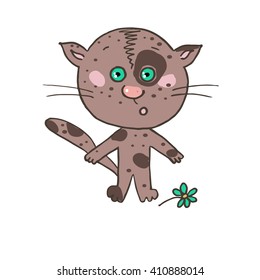 Funny scared spotted kitten. Symbol of surprise or fright. lovely illustration in animation style