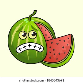 Funny scared vector watermelon character. Design for print, emblem, t-shirt, party decoration, sticker, logotype.