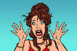 Funny Scared Woman. Human Emotion. Comic Cartoon Pop Art Retro Drawing Illustration