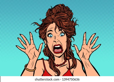 funny scared woman. human emotion. Comic cartoon pop art retro drawing illustration