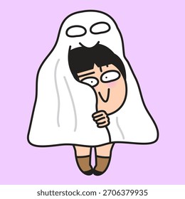 Divertido asustado joven señora pensando que puede esconderse de fantasma concepto ilustración de personaje de dibujos animados