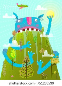 Funny Scary Amazing Monster Sitting on Mountain. Cartoon fun kids character playing with aircraft uphill. Vector illustration.