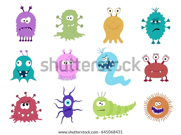 滑稽和可怕的细菌卡通人物隔离在白色 可爱的孩子玩具万圣节怪物 设置好的和坏的微生物在平坦的风格 矢量图标的肠道和肠道菌群 细菌 病毒 库存矢量图 免版税