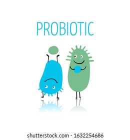 Funny and scary bacteria characters isolated on white. Vector icons of gut and intestinal flora, germs, virus. Illustration