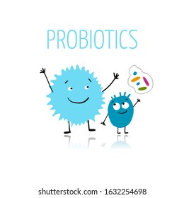 Funny and scary bacteria characters isolated on white. Vector icons of gut and intestinal flora, germs, virus. Illustration