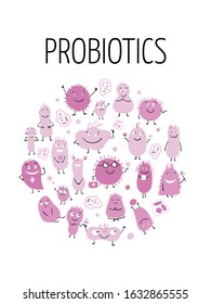 Funny and scary bacteria characters isolated on white. Vector icons of gut and intestinal flora, germs, virus. Illustration