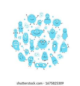 Caracteres de bacterias divertidas y aterradoras aislados en blanco. Fondo del marco circular para su diseño. Íconos vectores de flora intestinal e intestinal, gérmenes, virus...Ilustración