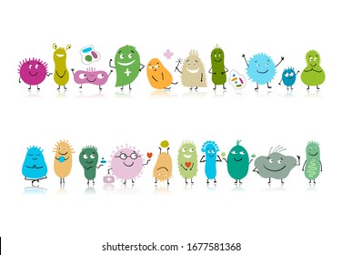 Funny and scary bacteria characters isolated on white. Vector icons of gut and intestinal flora, germs, virus. Illustration