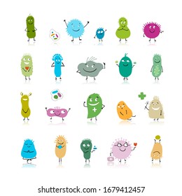 Funny and scary bacteria characters isolated on white. Vector icons of gut and intestinal flora, germs, virus. Illustration