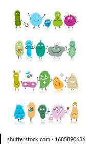 Funny and scary bacteria characters isolated on white. Vector icons of gut and intestinal flora, germs, virus. Illustration
