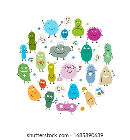 Funny and scary bacteria characters isolated on white. Circle frame background for your design. Icons of gut and intestinal flora, germs, virus. Vector Illustration