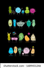 Caracteres de bacterias divertidas y aterradoras aislados en negro. Íconos vectores de flora intestinal e intestinal, gérmenes, virus. Ilustración