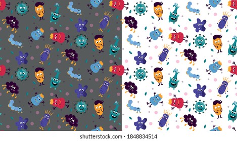 Funny and scary bacteria characters isolated on white. Vector icons of gut and intestinal flora, germs, virus. Illustration pattern