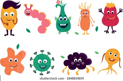 Funny and scary bacteria characters isolated on white. Vector icons of gut and intestinal flora, germs, virus. Illustration