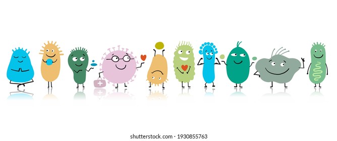 Funny and scary bacteria characters isolated on white. Vector icons of gut and intestinal flora, germs, virus. Illustration