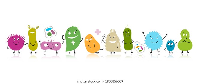 Funny and scary bacteria characters isolated on white. Vector icons of gut and intestinal flora, germs, virus. Illustration