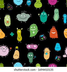 Funny and scary bacteria characters. Vector icons of gut and intestinal flora, germs, virus. Illustration