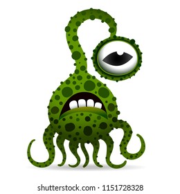 Funny and scary bacteria monster with tentacles, cartoon children's toy hero for Halloween, isolated on white background. Toothy green alien with only one eye. White background. Vector illustration.