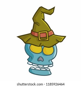 Funny and scary blue green skull wearing witch hat for Halloween - vector.