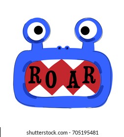 funny scary blue hungry monster with open mouth and sharp fangs, childish simple style hand drawn vector illustration for t-shirts, mugs, wall art, phone cases etc.  text "roar"