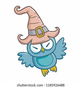 Funny and scary blue owl wearing witch hat for Halloween - vector.