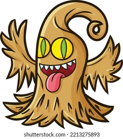 Funny and scary brown ghost with yellow eyes cartoon illustration