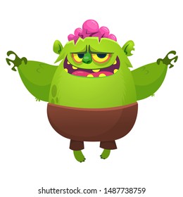 Funny and scary cartoon zombie with pink brains. Vector Halloween  illustration