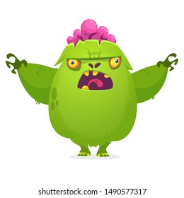 Funny and scary cartoon zombie with pink brains. Vector Halloween  illustration