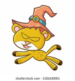 Funny and scary cheetah wearing witch hat for Halloween - vector.