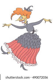 Funny, scary, colorful witch dancing. Vector cartoon of dancing witch for Halloween.